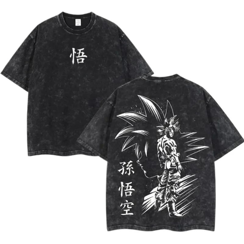 Dragon Ball Goku T Shirt Ultra Instinct Men Acid Wash Anime Kanji Satoru Cotton Vintage Gym Streetwear Back Graphic T-Shirt