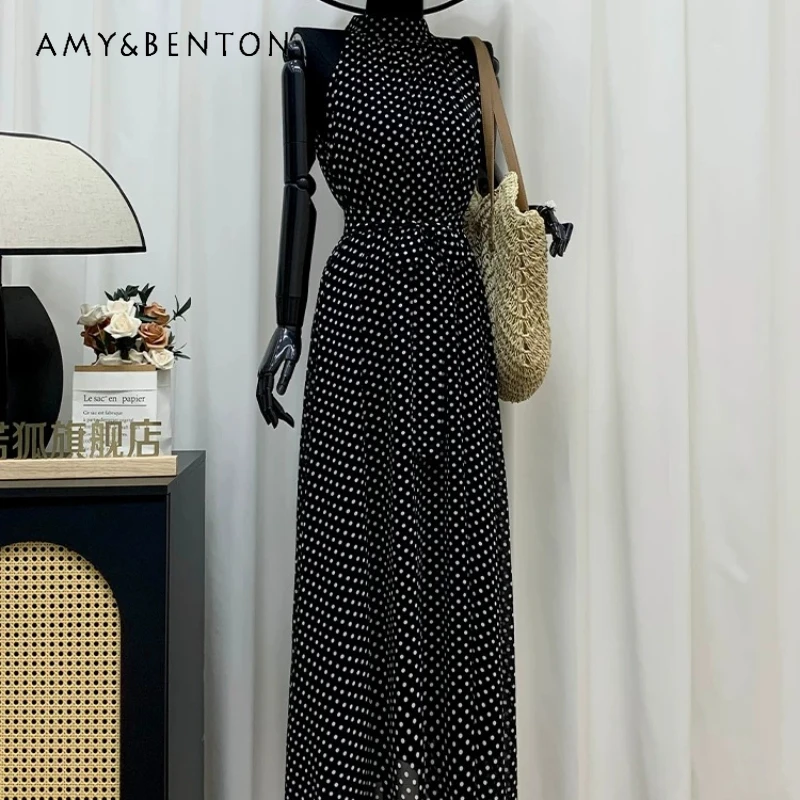 

Black Chiffon Polka Dot Halter Lace-up Women's Dress 2026 New Waist-cinching Thin Korean Version Holiday Beach Dresses Ladies