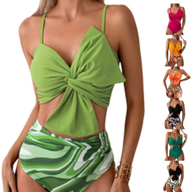 Women 2Pcs Bathing Suit Set Ruched Twist Knot Front Bras and High Waist Bottom Thongs Swimwear Solid Color Swimsuits