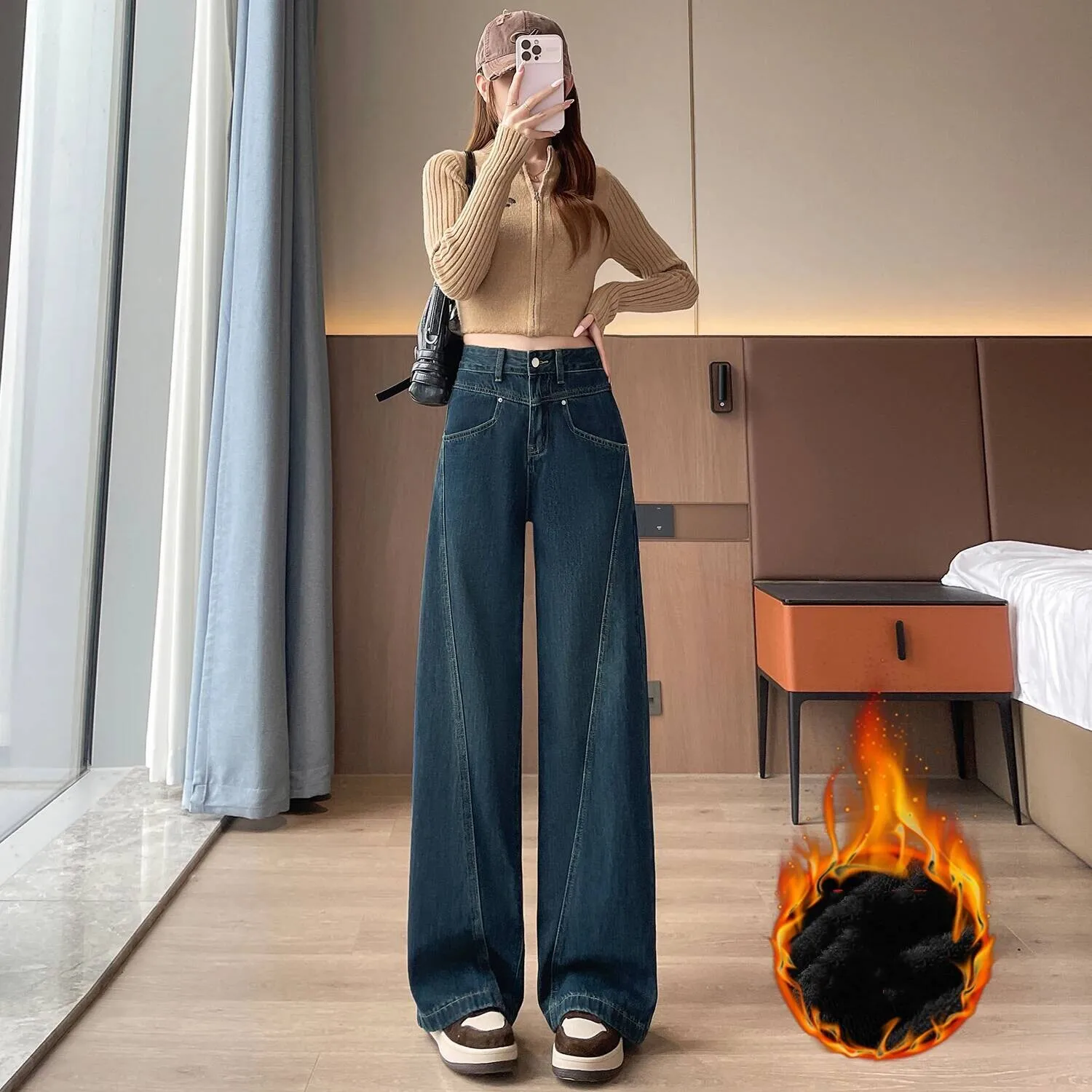 الصوف امرأة الخصر الجينز سيدة الأمريكية شارع العليا السراويل المستقيمة الفتيات أسود رمادي التباين اللون واسعة الساق السراويل