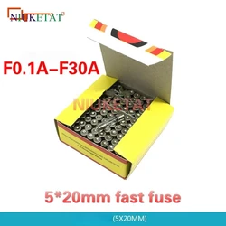 100pcs/box 5*20mm Glass Fuse 0.1A-30A Fast Fuse 250V 5*20 F0.1A-F30A High Quality Glass Fuse