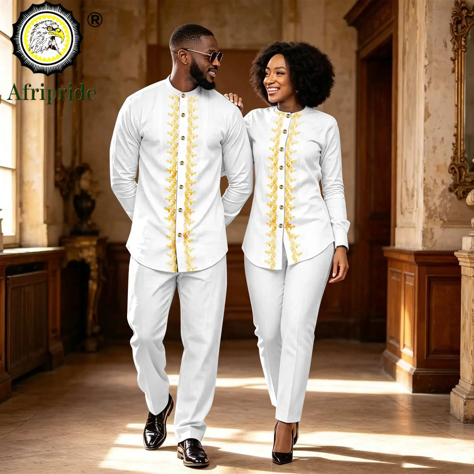 African Couple Outfit Men and Women Matching Dashiki Gold Embroidered Stand Collar Long Sleeve Shirt and Pants Suit 26C067