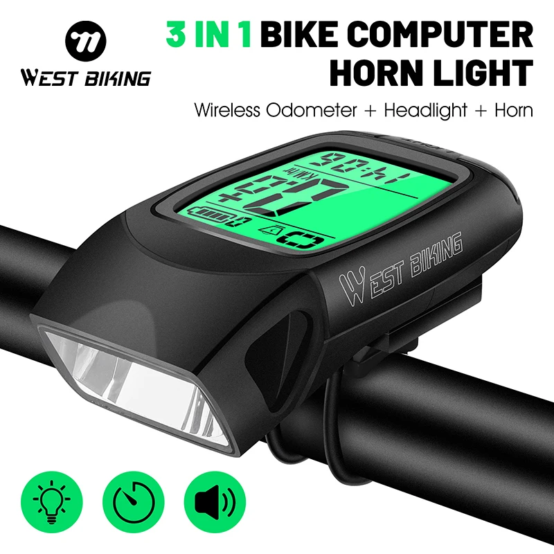 

WEST BIKING 3 in 1 Wireless Bike Computer With Horn USB Rechargeable LED Flashlight Waterproof Bicycle Light Cycling Speedometer