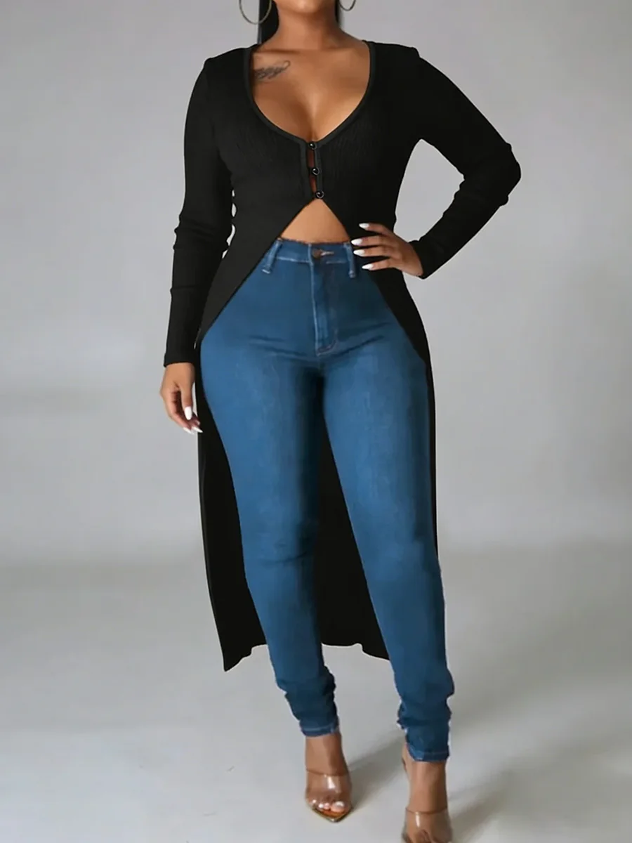 

Plus Size Women's T-Shirt V Neck Long Sleeve Buttoned Ribbed Long Tops Sexy Shirt Spring Summer Chic T-Shirt Party Stretchy Tops