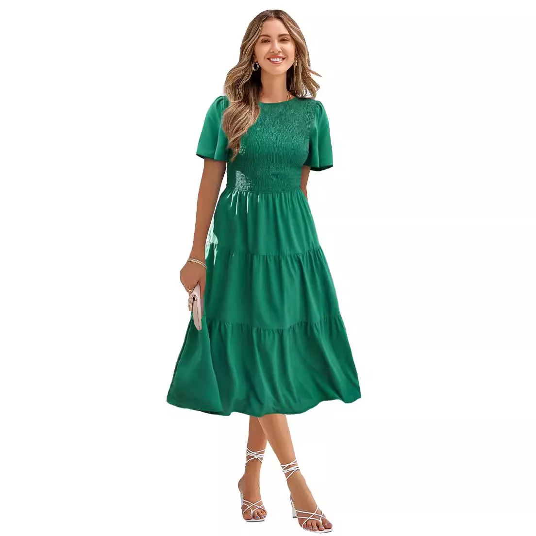 Vestido Midi feminino com decote redondo, manga curta folhada, bainha de babados, vestido verde elegante de festa, roupão praia, primavera, verão