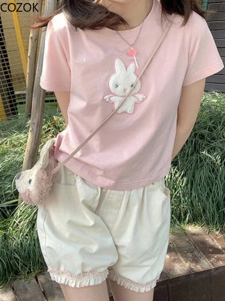 

Women's Rabbit Short Sleeve T-shirt Top Japanese Fashion Sweet Tees 2022 Ropa Mujer Loose Casual Summer Lolita Tshirts for Women