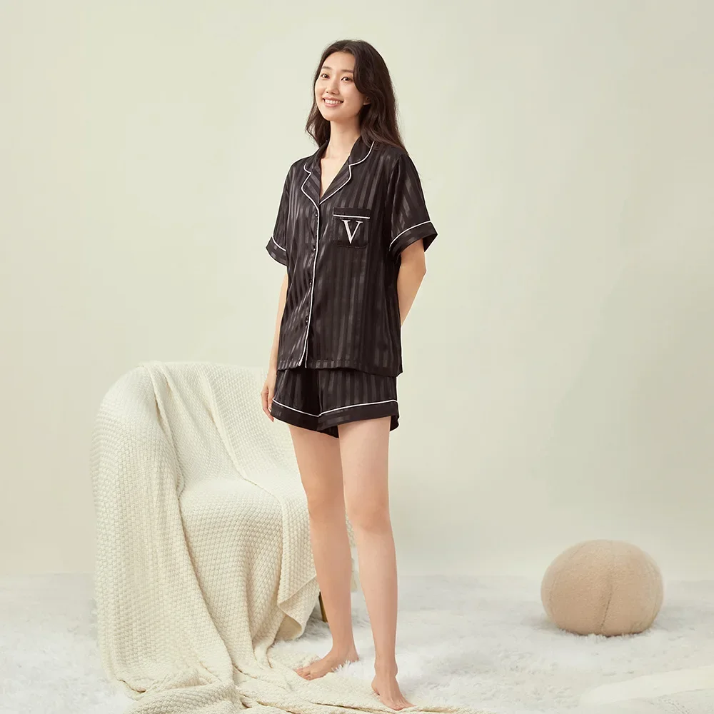 2024Secret Same Glossy Striped Jacquard Pajamas Women\'sShort Sleeve Shorts Set Loungewear