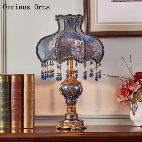 European style blue luxurious carving table lamp hotel living room bedroom American romantic crystal decorative table lamp