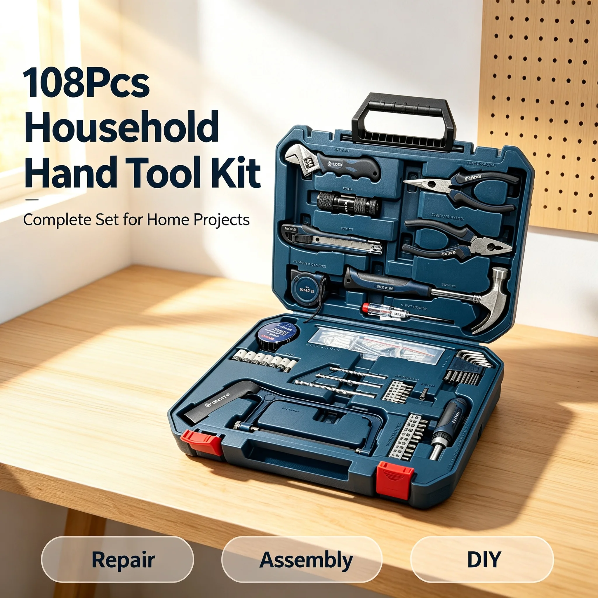 Bosch 108‑Piece Premium Hand Tool Kit Complete Household Repair Hardware Toolbox Organizer