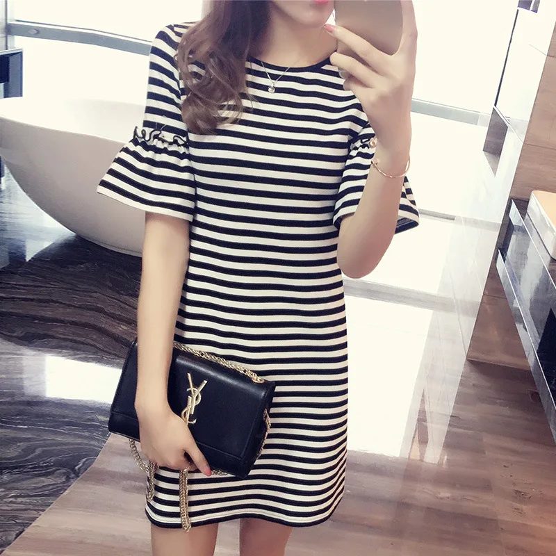 Neues Damen Sommerkleid mit Streifenmuster und Kurzen Ärmeln, Langes T-Shirt-Kleid für Mädchen, Lässiges Studentinnenkleid, Atmungsaktive Freizeitkleidung für Frauen