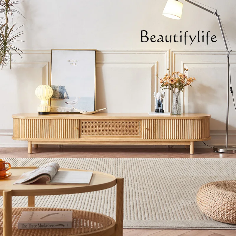 Retro rattan TV cabinet ash wood household small apartment Japanese-style wabi-sandy wind living room solid wood rolling shutter