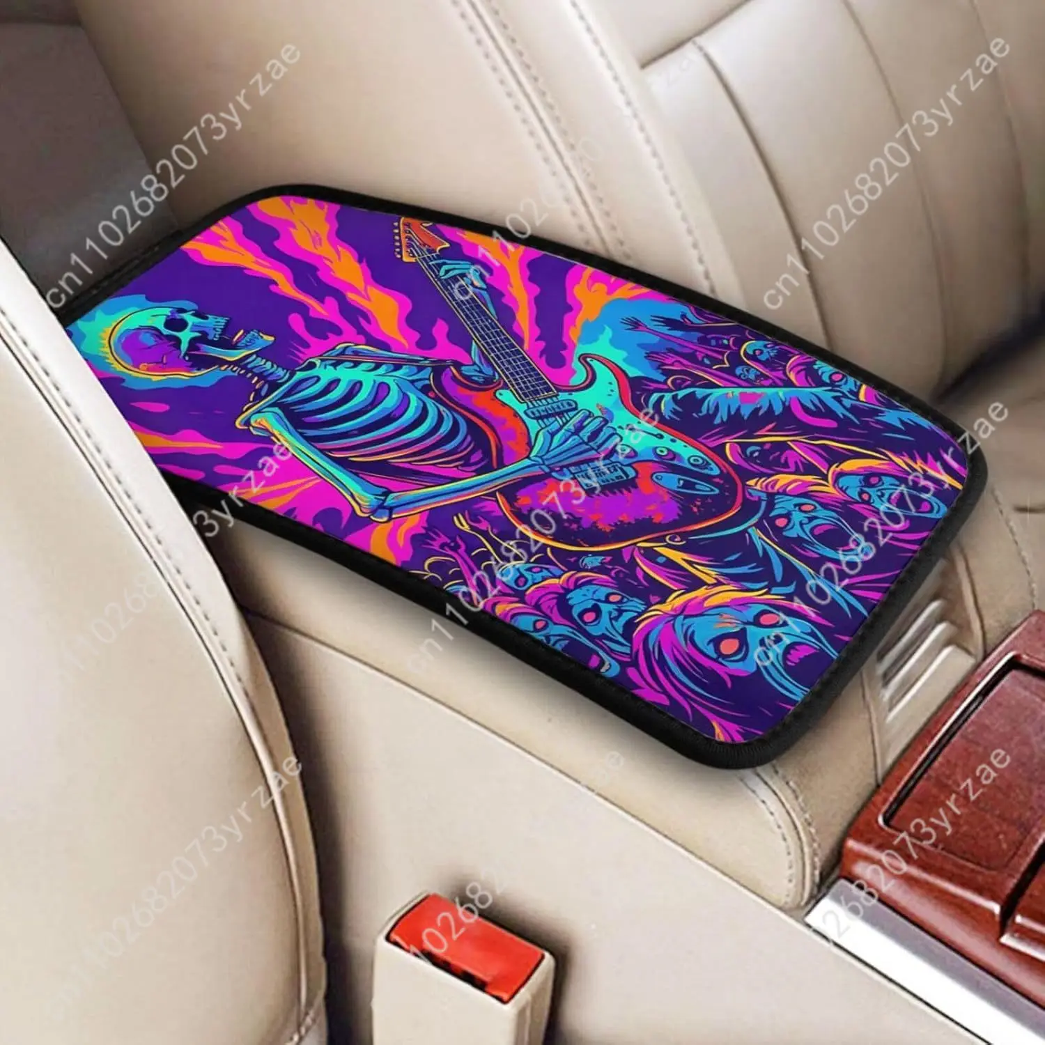 

Neon Rock Music Skeleton Universal Car Armrest Cushion High Quality Car Armrest Cover Elastic Straps Car Interior Accessories