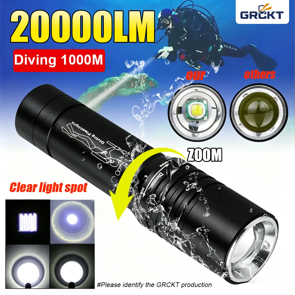20000LM Scuba Diving Flashlight ZOOM Diving Light Underwater High Power Torch Light Waterproof for Video Shooting Fishing