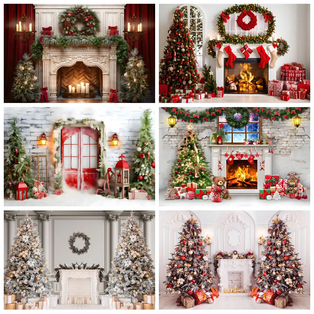 

Christmas Backdrop for Photography Xmas Tree Snow Fireplace Window Santa Claus Gift Winter Family Party Baby Portrait Background