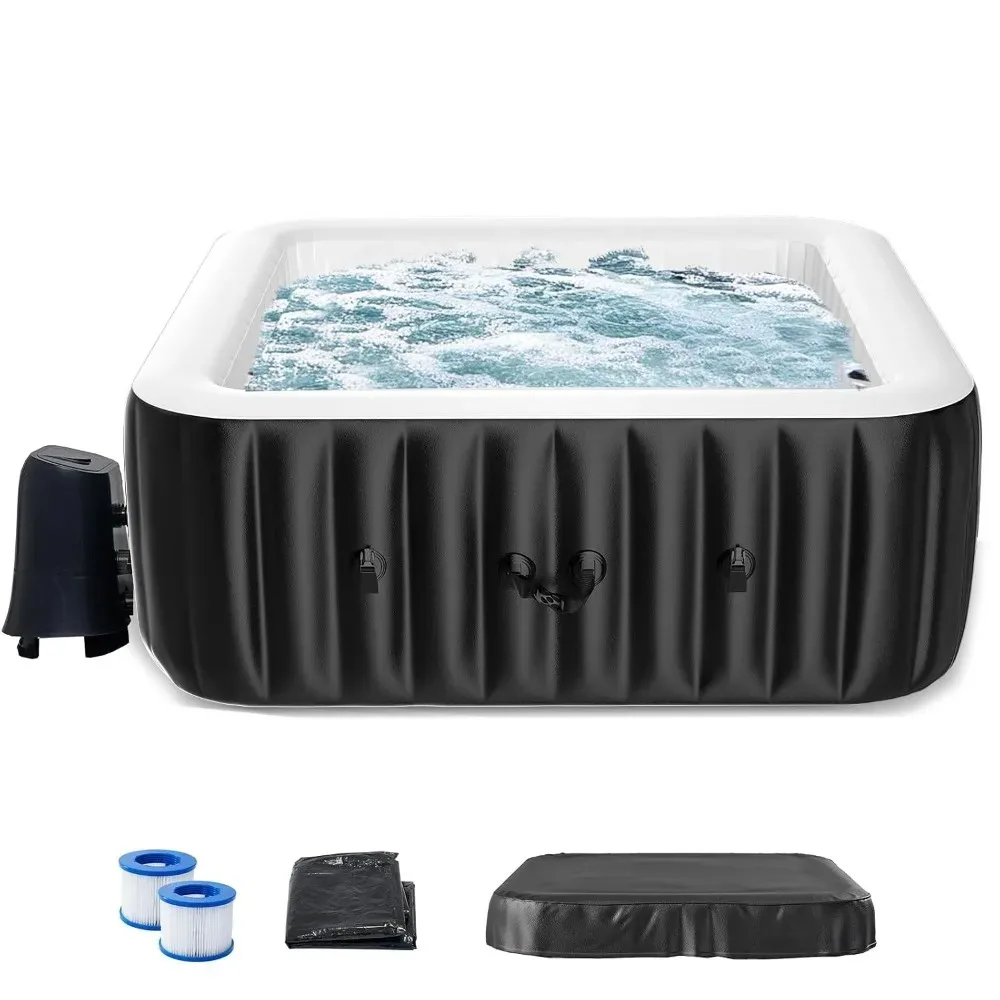 4-6 Person Square Inflatable Hot Tub,130 Bubble Jets & Full Set,Outdoor Portable Spa Bathtub, Custom