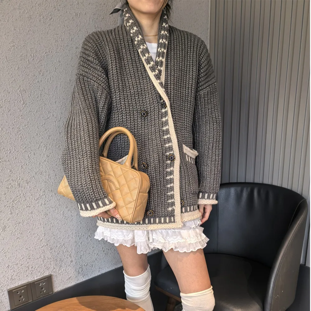 

Женский вязаный свитер V-Ne Long Sve, свободный крой, осень-зима, модный повседневный элитный цветной блузловый открытый кардиган, топ