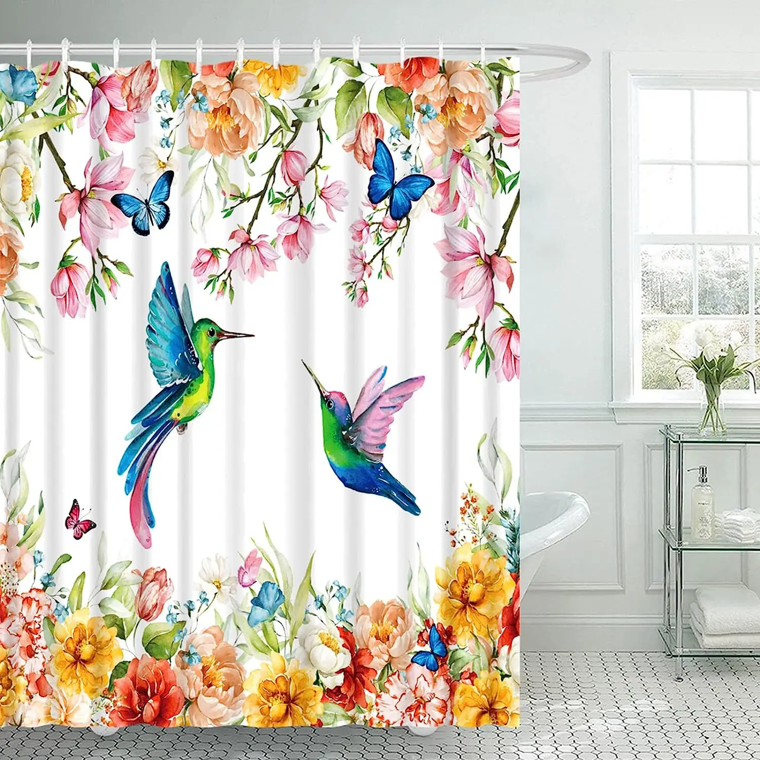 Hummingbird Floral Shower Curtain Watercolor Flower Plant Tropical Green Leaves Bird Butterfly Bathroom Decor Fabric with Hooks