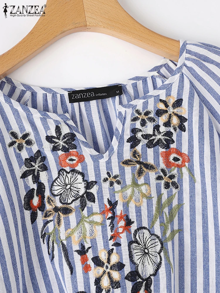 ZANZEA Autumn Fashion Floral Embroidery Blouse Women Bohemian Striped Tops Casual V Neck 3/4 Sleeve Holiday Shirt Work Blusas