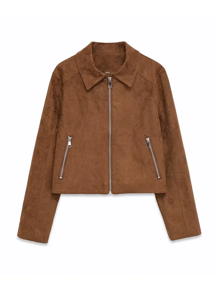 

Women's Chic Faux Suede Jacket Coat with Zipper Long Sleeve Lapel Collar Outerwear for Female Stylish Tops