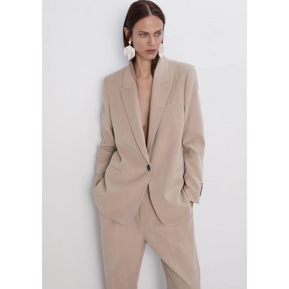 Fashion Simple Light Pink Single-Button Women's Suit 2 Piece Jacket Pant Set Peak Lapel Slim Fit Office Casual Female Clothing