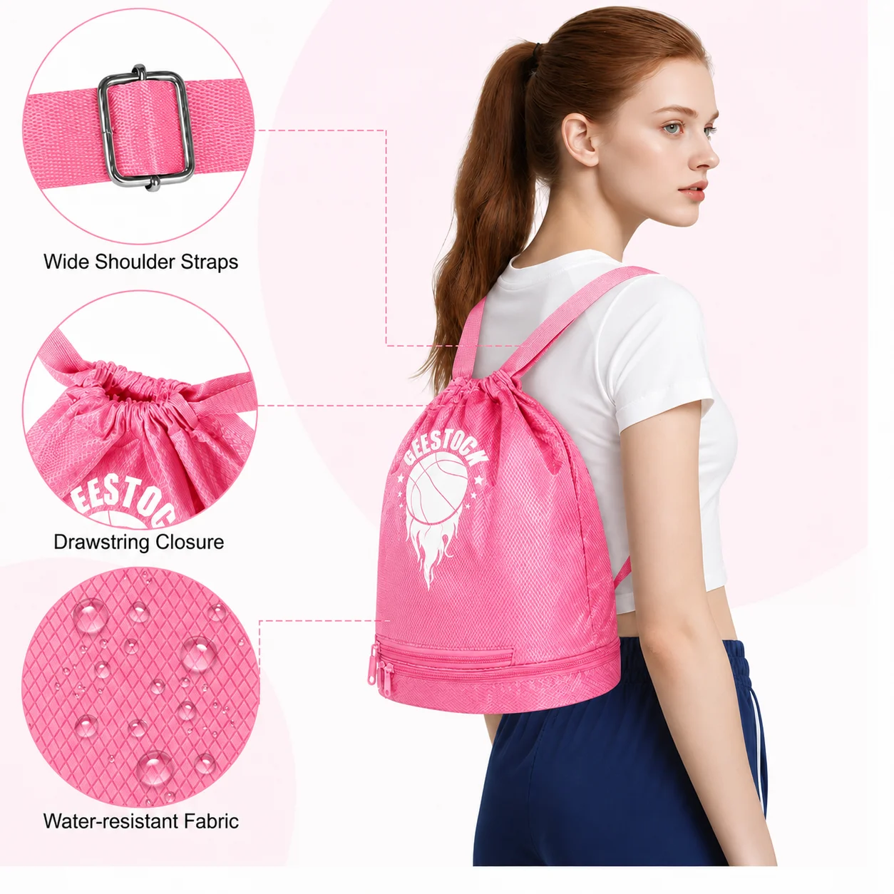 Outdoor Sport Gym Drawstring Bag Thick Rope Basketball Soccer Large Capacity Nylon Waterproof Zipper Backpack Fitness Men Pocket