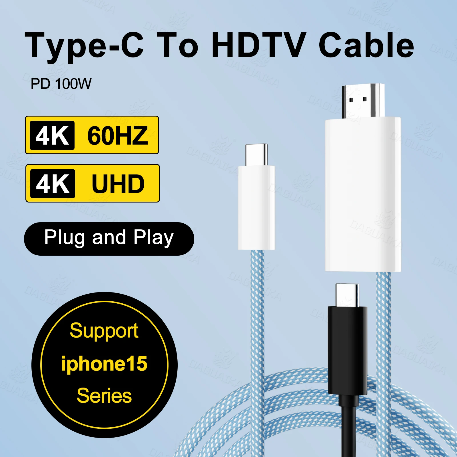 4K 60Hz/30Hz USB Type C To HDMI-Compatible Cable with PD 100W Thunderbolt 4/3 Compatible For iPhone 15 Air iPad Samsung HDTV