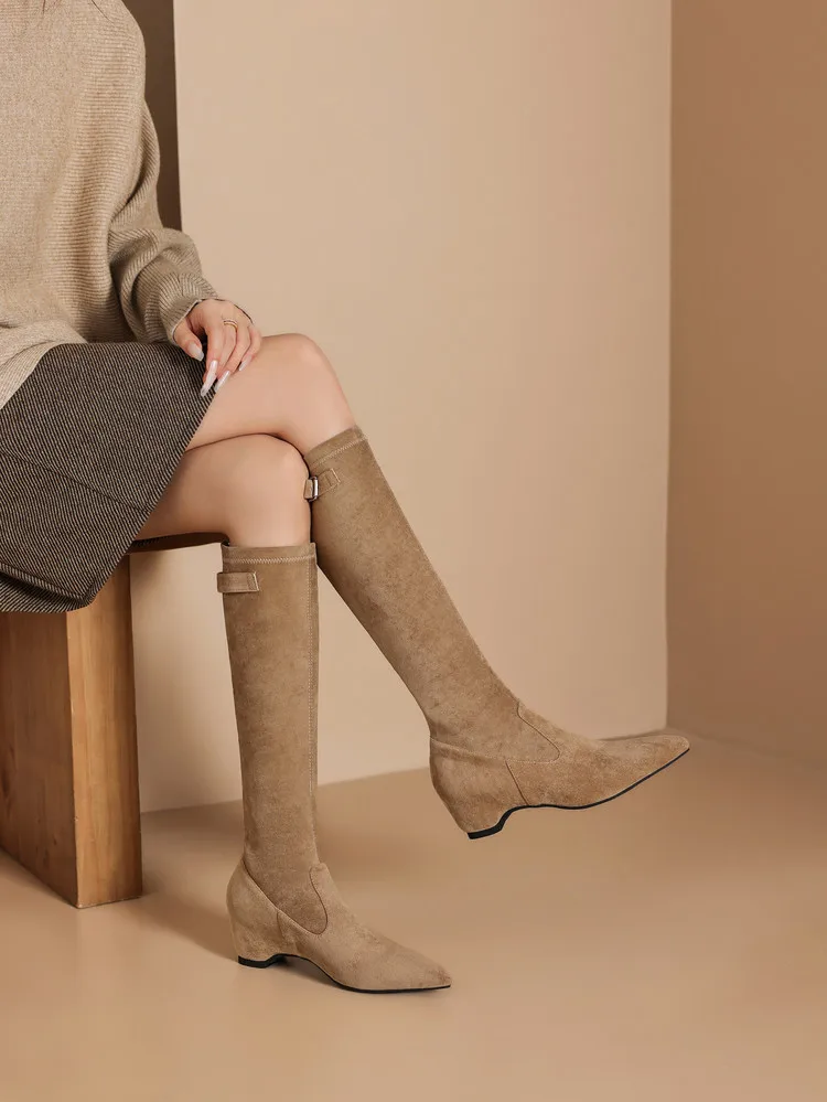 2026 Women's Boots Fashion Pointed Toe Chunky Heel Knee-High Boots, Black/Khaki Suede with Metal Buckle, Slimming & Versatile