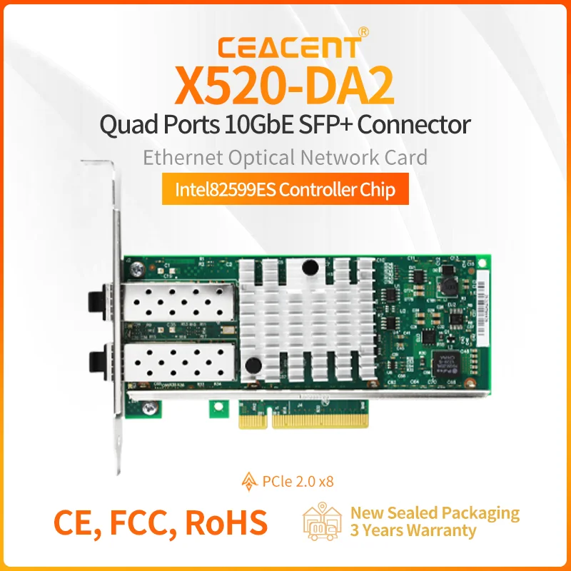 

X520-DA2 Intel 82599ES Chipset PCIe 2.0 x8 10G Ethernet Server Network Card Dual Port SFP+ Connector 3 Year Warranty