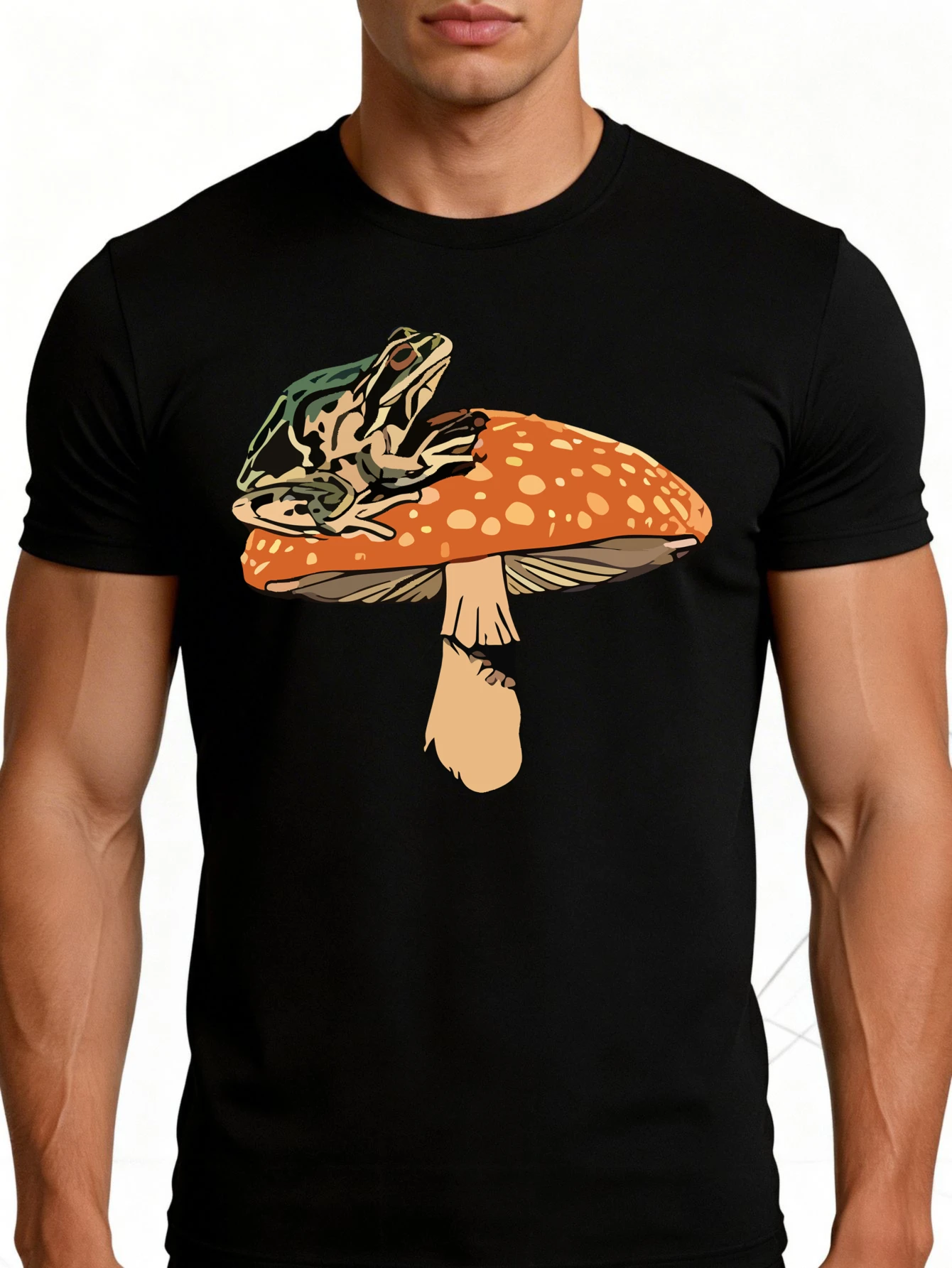 Men's Plain Graphic T-Shirt - Breathable, Soft, Lightweight - Frog on a Mushroom Hat - Vintage Fun Graphic Casual Short Sleeve Summer Top, Gift for Him