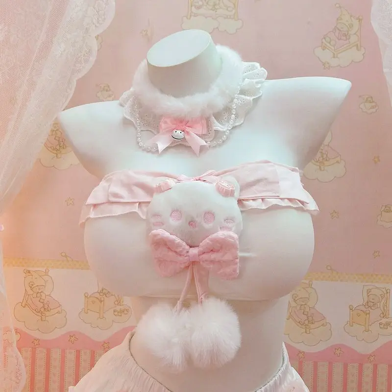 Cosplay HelloKitty Crop Top Lace Trim Bows Decoration Sweet and Off Shoulder Sling Lolita Style Aesthetic Anti Glare Short Skirt - view 2