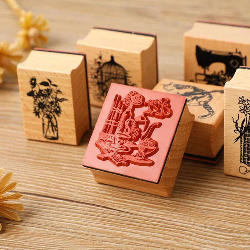 Vintag Esewing Machine Birdcage Cat Wooden Rubber Stamps Set Diy Rubber Stamp For Card Making Scrapbooking