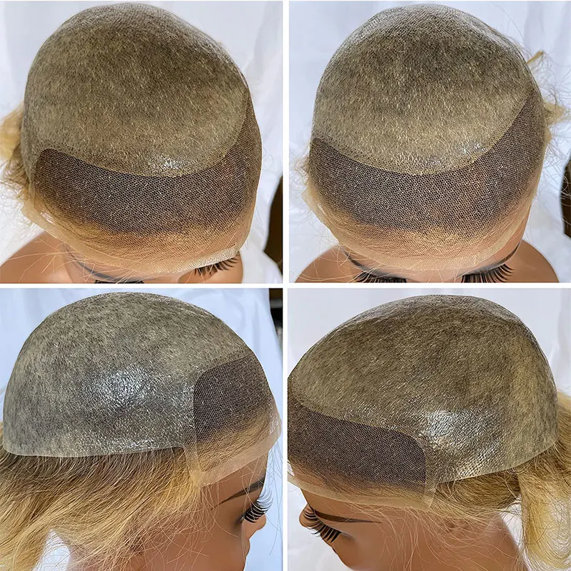 Toupet de cheveux humains blonds ombrés pour hommes, dentelle suisse, peau fine, PU, perruques de cheveux raides, remplacement du système de cheveux humains, 8x10