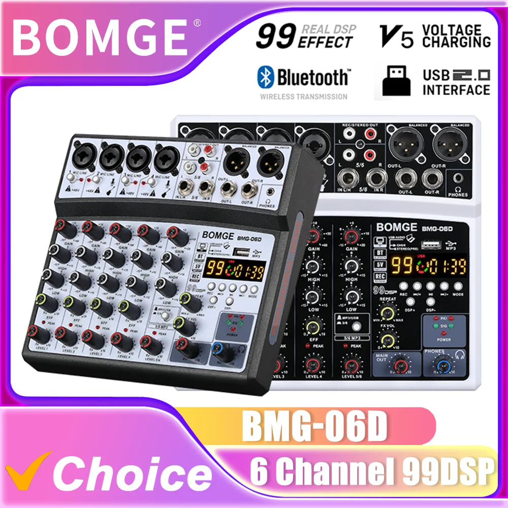 bomge-06d-professional-6-channel-99dsp-audio-mixer-mixing-console-with-mp3usb-interface-sound-card-bluetooth48v-phantom-power