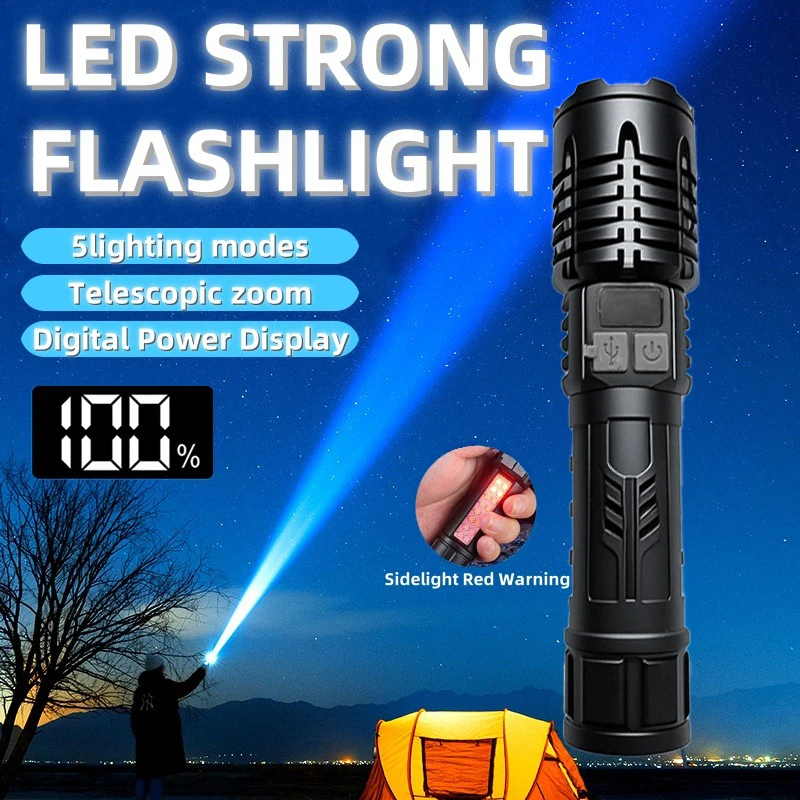 High Lumen Waterproof Tactical Flashlight - 5 Modes, Rechargeable, High Brightness, Durable ABS for Outdoor, Camping, Emergency