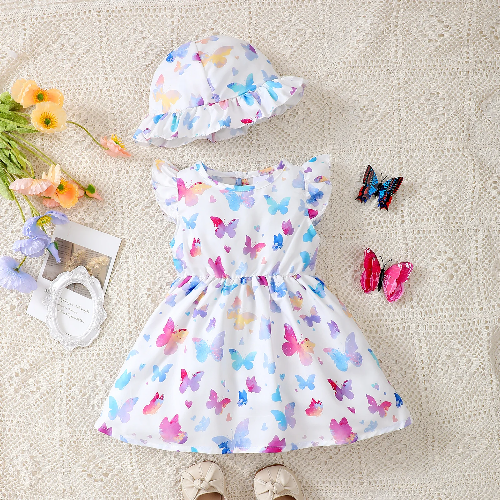 

Newborn Baby Girl Sweet Dress Fly Sleeves Full of Butterfly Print +Hat 2PCS Summer Clothing for Infant Fashion Girl Dress