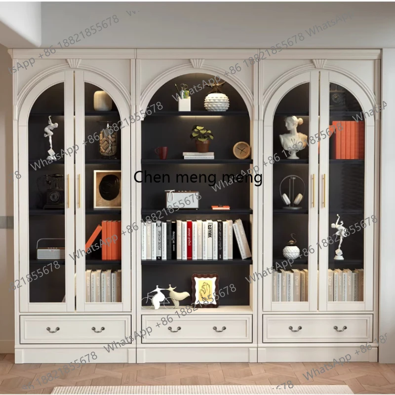 French Cream Wind Solid Wood Bookcase Wide Floor Small Unit Model Display Cabinet Bookshelf