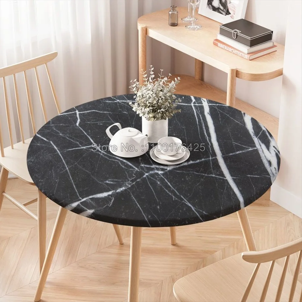 Marble Texture Fitted Round Tablecloth Waterproof Table Covers Elastic Edged White Marble Pattern Table Clothes for Dining Table