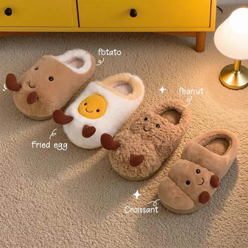 Cute Croissant Couple's Home Slippers Creative Potato Eggs Dachshund Design Non-slip Thick-soled Comfortable Soft Warm Slippers