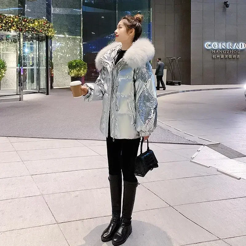 Winter Silver Glossy Down Jacket 2024 New Women\'s big fur neck hooded coat Female Thicken Parkas Fashion Short sequined jackets