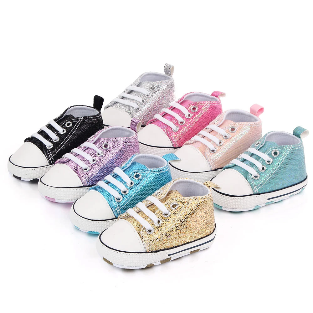 

Парусиновые туфли с блестками для новорожденных мальчиков и девочек, Повседневная модная нескользящая обувь с мягкой подошвой для первых прогулок, на возраст 0-18 месяцев