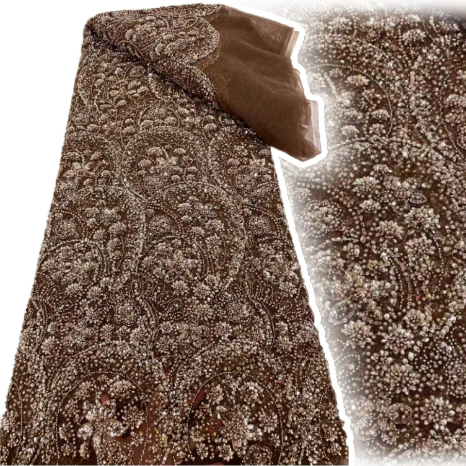 

Коричневый цвет, последняя африканская вышитая тюль, сетчатая ткань, роскошные бусины, высокое качество, роскошное кружевное вечернее платье с блестками AH1442