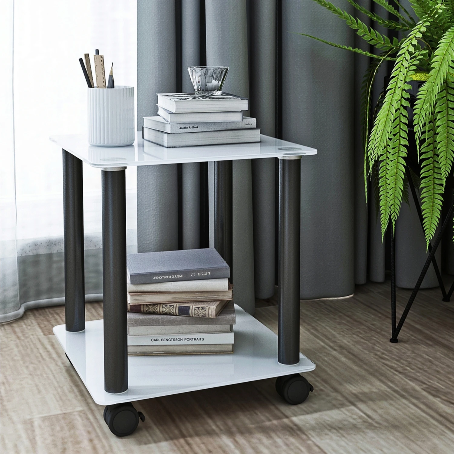 

1-Piece White+Black Side Table , 2-Tier Space End Table ,Modern Night Stand, Sofa table, Side Table with Storage Shelve