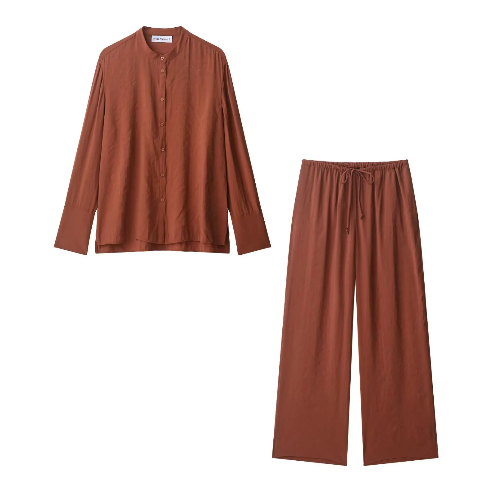 

Women's Loose Fit Suit round Neck Single-Breasted Long-Sleeve Flowy Shirt Elastic Waist Straight Pants Early Autumn Chic Set