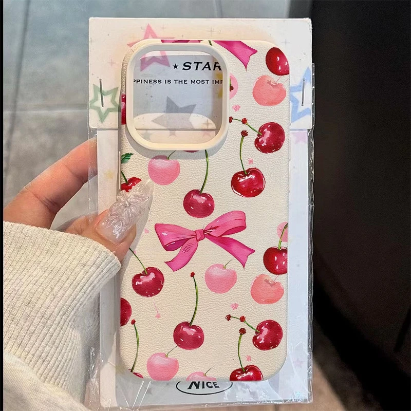 Funda de teléfono con estampado de cereza y lazo para iPhone 17Air 16 Pro Max 15 Plus 14 13 12 11 XS XR X, funda de silicona a prueba de golpes
