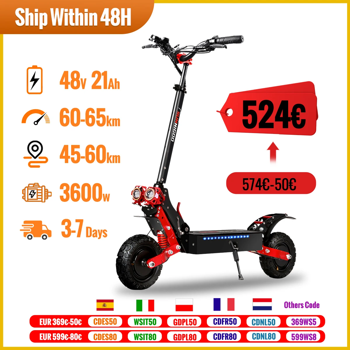 X7/X7PRO 3600W Electric Scooter 60-65km/h Dual 1800W Motor Escooter 11Inch 48V 21Ah  45-60km Mileage Foldable Electric Scooter