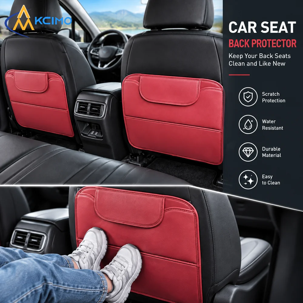 PU Leather Car Rear Seat Back Anti-Kick Protector Pad, Waterproof Durable Kick Mat with Storage Pocket Auto Interior Guard