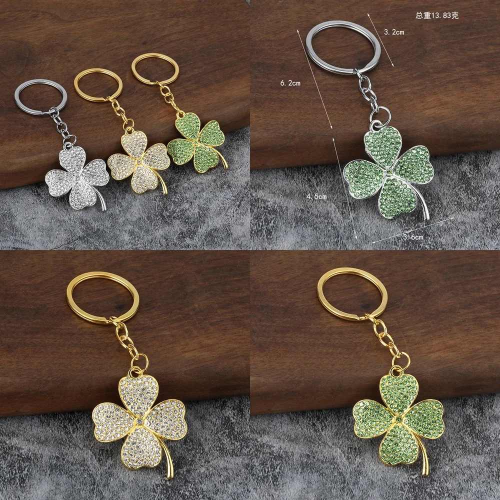 Rhinestone Lucky Clover Car Keychain for Women Metal Handbag Charm Key Ring Creative Pendant Cross Border Gift for iPhone