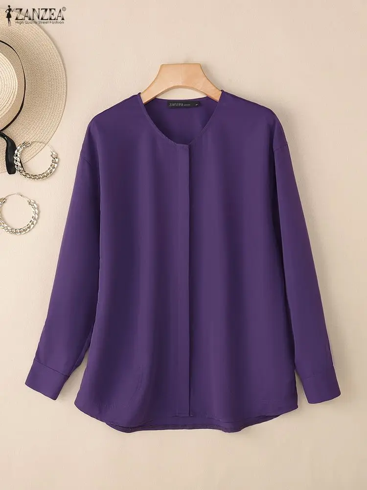 ZANZEA-camisas minimalistas para mujer, camisa informal de manga larga con cuello redondo y costuras abotonadas de Color sólido, ropa detallada para otoño 2025, 3XL