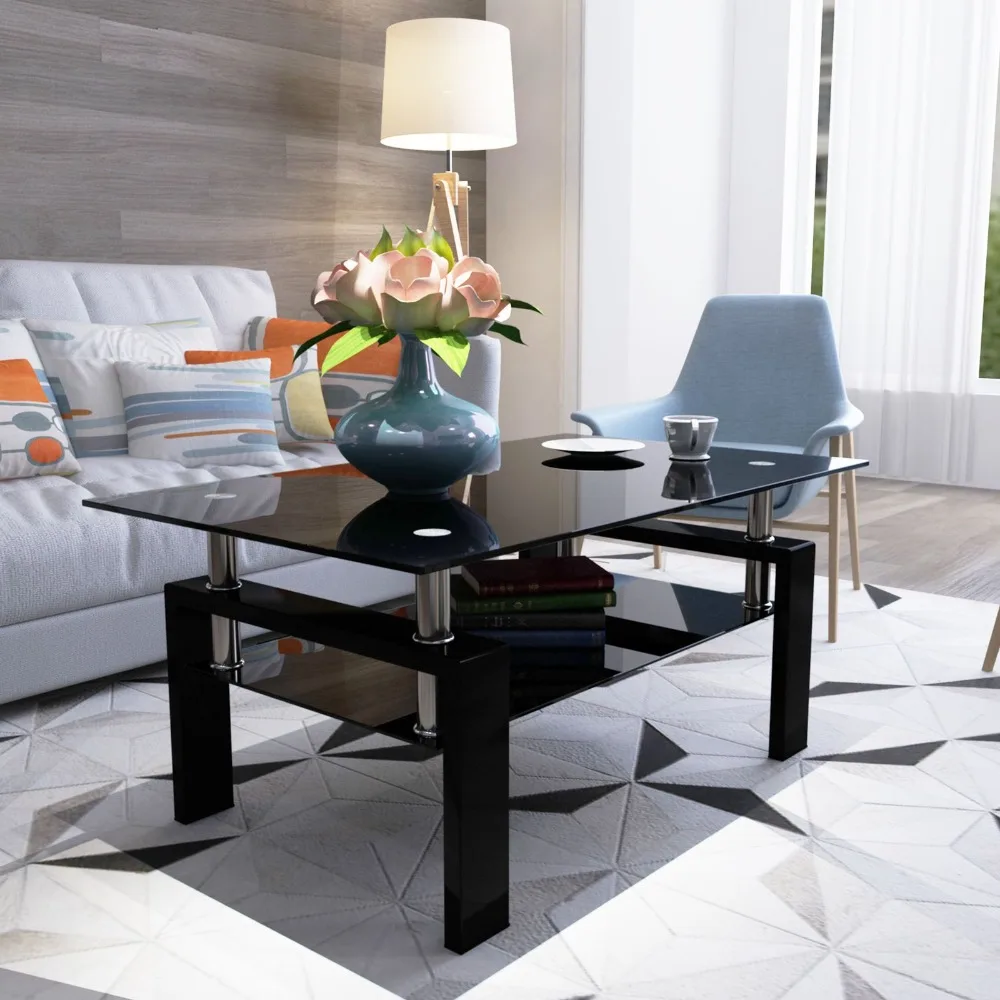 

Rectangle Black Glass Coffee Table, Clear Coffee Table,Modern Side Center Tables for Living Room,Living Room Furniture