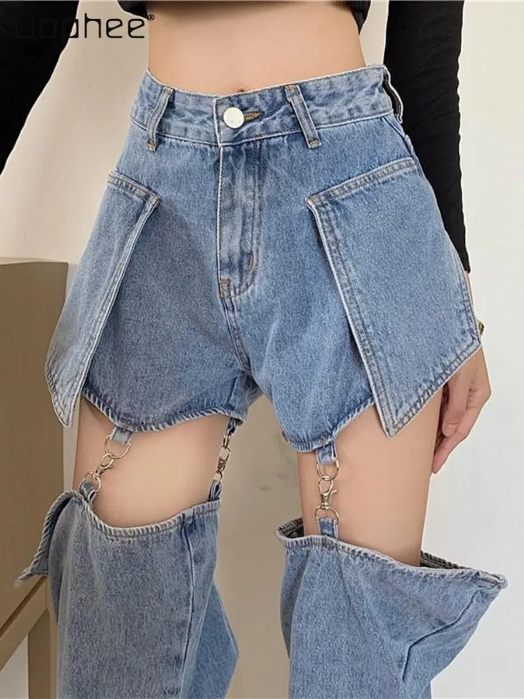 

Casual Two-Section Detachable Split High Waist Jeans 2023 Spring New Denim Straight Wide Leg Jean Shorts Casual Women's Pants